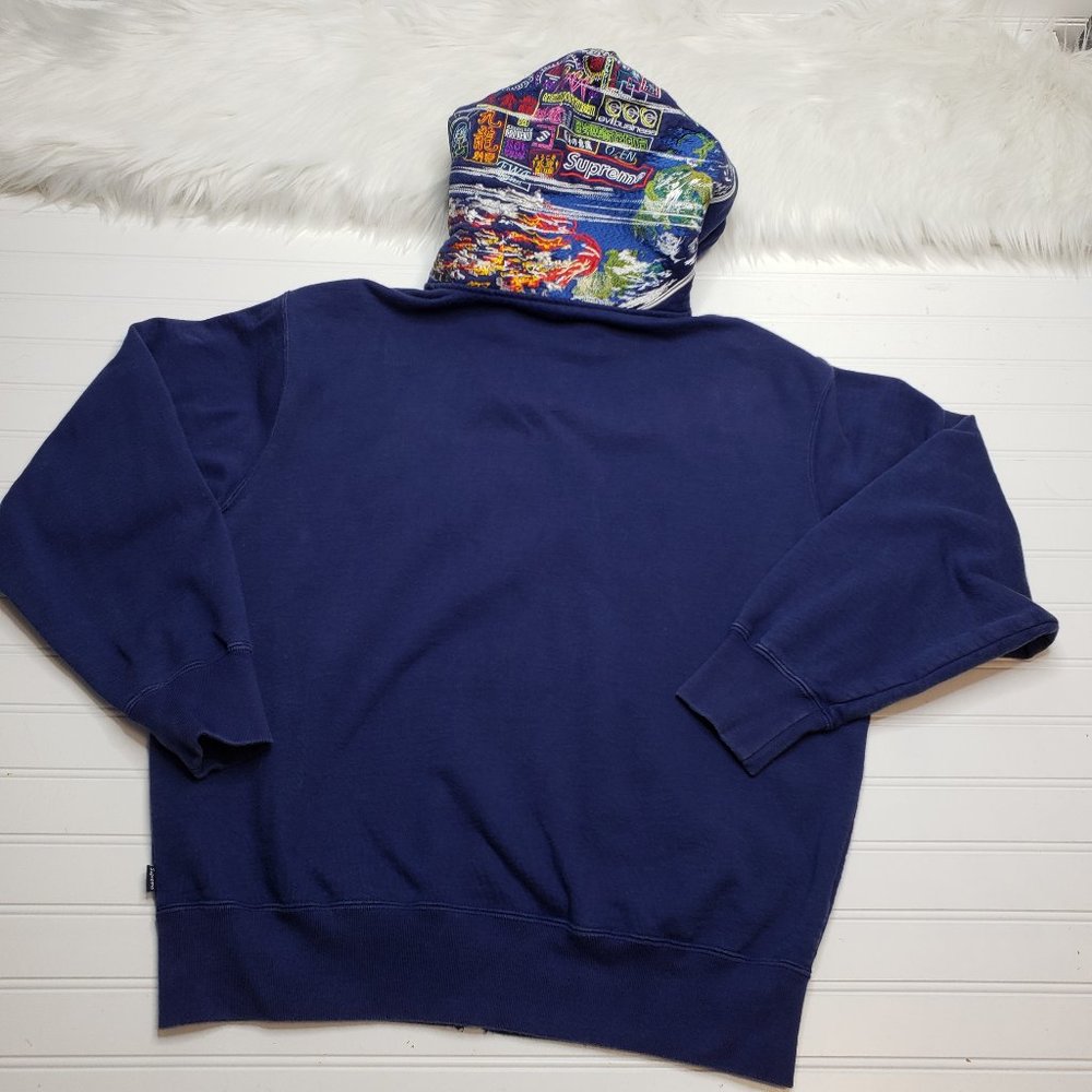 Supreme Globe Zip Up Hooded Sweatshirt Navy Blue Men’s Size Medium Embroidered - Picture 3 of 13